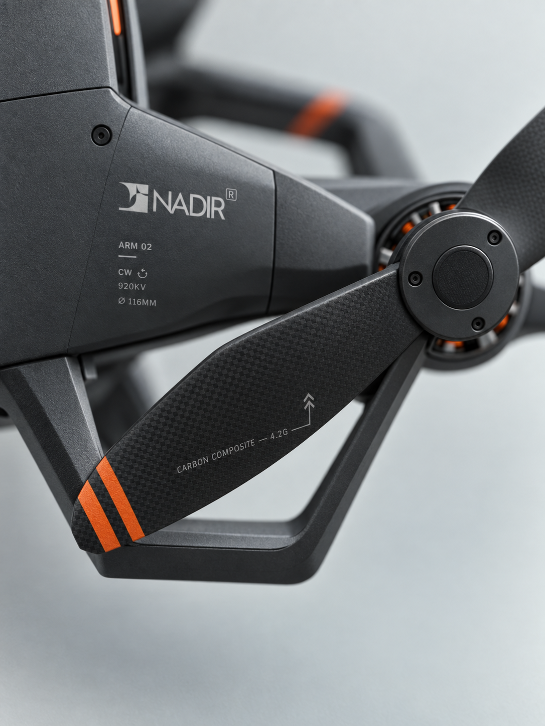 Carbon composite propeller and motor arm detail